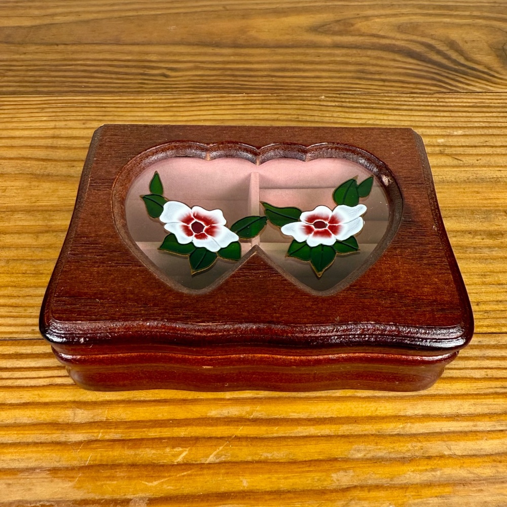 Vintage Wooden Jewelry Box | Heart Window Lid with Floral Inlay - Picture 5 of 13
